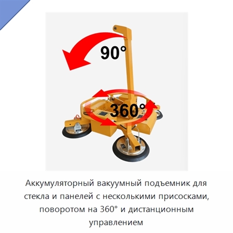 Аккумуляторный вакуумный подъемник для стекла и панелей с несколькими присосками, поворотом на 360° и дистанционным управлением