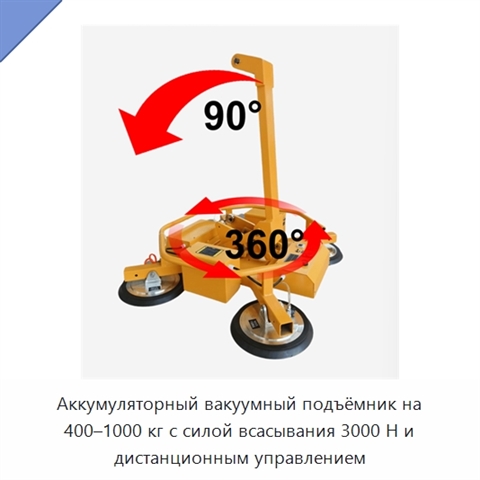 Аккумуляторный вакуумный подъёмник на 400–1000 кг с силой всасывания 3000 Н и дистанционным управлением