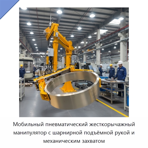 Мобильный пневматический жесткорычажный манипулятор с шарнирной подъёмной рукой и механическим захватом