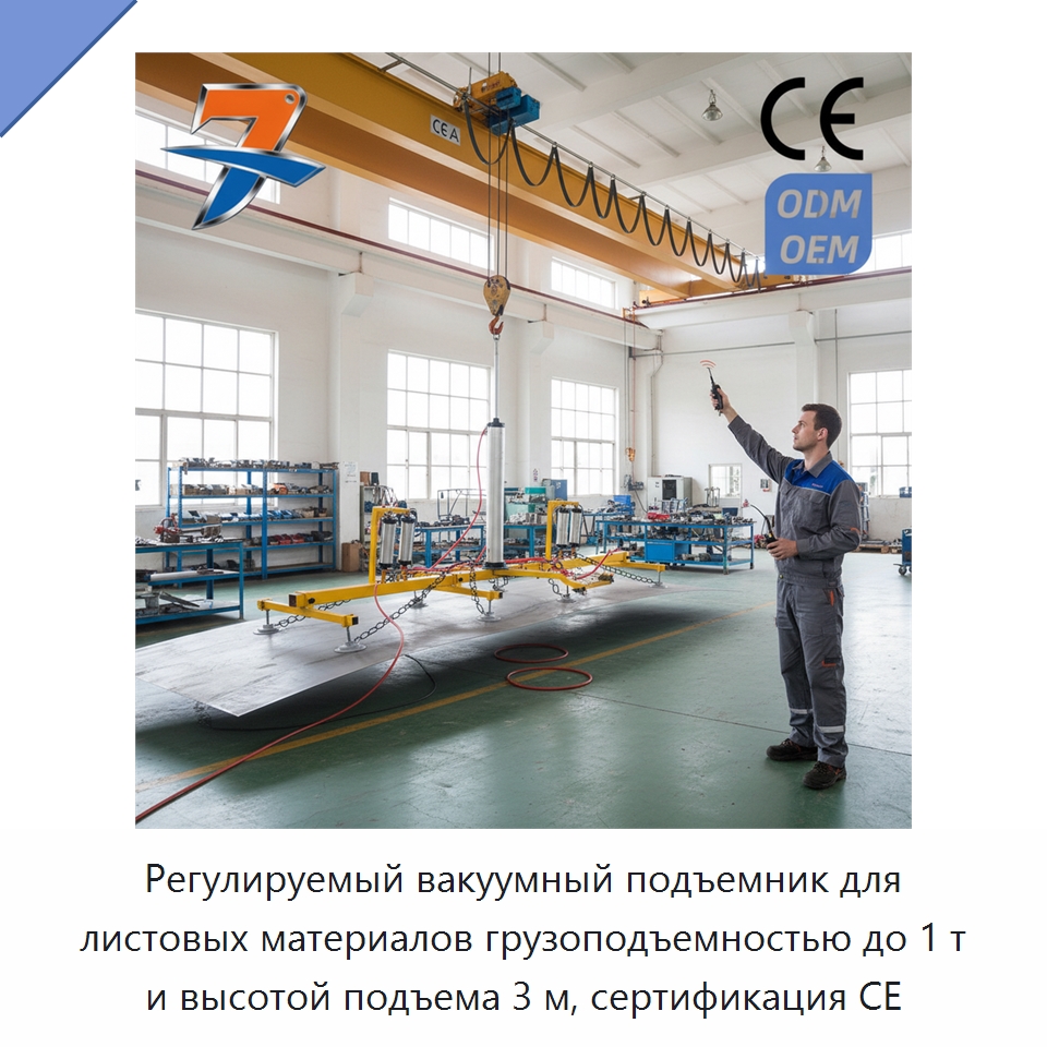 Регулируемый вакуумный подъемник для листовых материалов грузоподъемностью до 1 т и высотой подъема 3 м, сертификация CE — Вакуумные грузозахваты