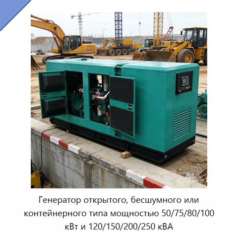Генератор открытого, бесшумного или контейнерного типа мощностью 50/75/80/100 кВт и 120/150/200/250 кВА