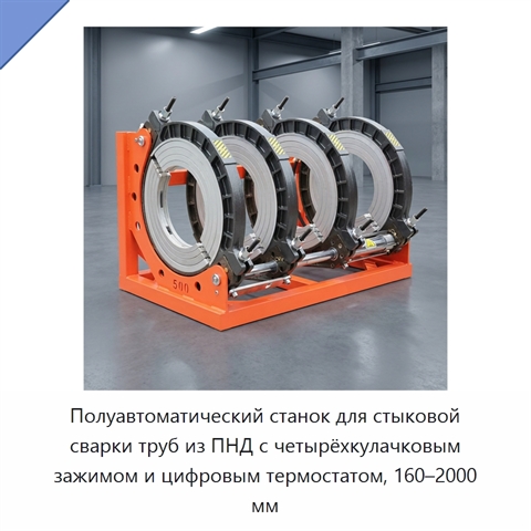 Полуавтоматический станок для стыковой сварки труб из ПНД с четырёхкулачковым зажимом и цифровым термостатом, 160–2000 мм