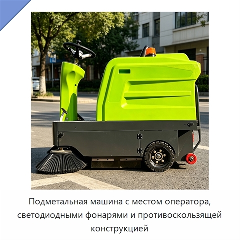Подметальная машина с местом оператора, светодиодными фонарями и противоскользящей конструкцией