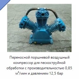 Переносной поршневой воздушный компрессор для пескоструйной обработки с производительностью 0,85 м³/мин и давлением 12,5 бар