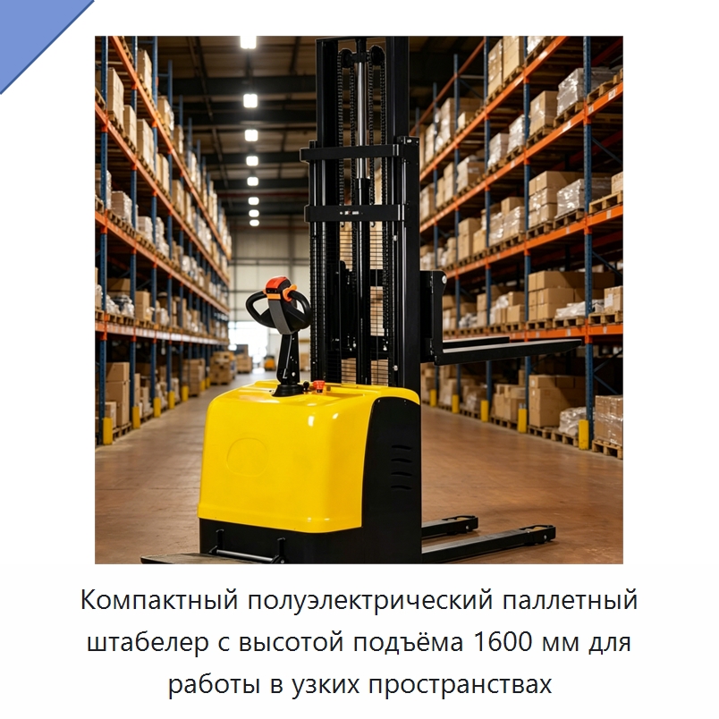 Компактный полуэлектрический паллетный штабелер с высотой подъёма 1600 мм для работы в узких пространствах — Специальная строительная техника