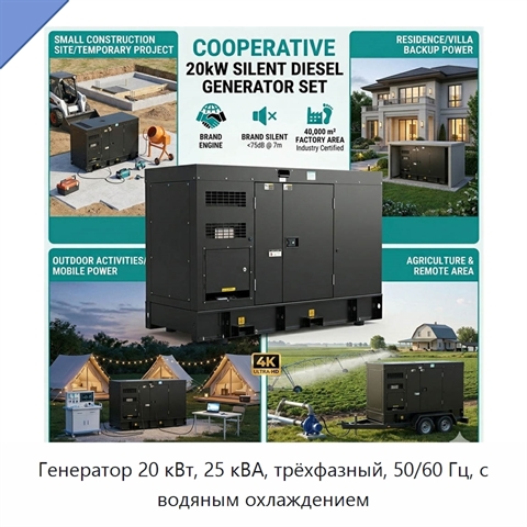 Генератор 20 кВт, 25 кВА, трёхфазный, 50/60 Гц, с водяным охлаждением