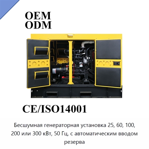 Бесшумная генераторная установка 25, 60, 100, 200 или 300 кВт, 50 Гц, с автоматическим вводом резерва
