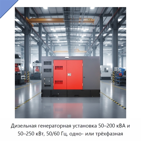 Дизельная генераторная установка 50–200 кВА и 50–250 кВт, 50/60 Гц, одно- или трёхфазная