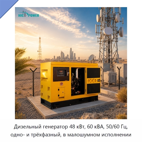 Дизельный генератор 48 кВт, 60 кВА, 50/60 Гц, одно- и трёхфазный, в малошумном исполнении