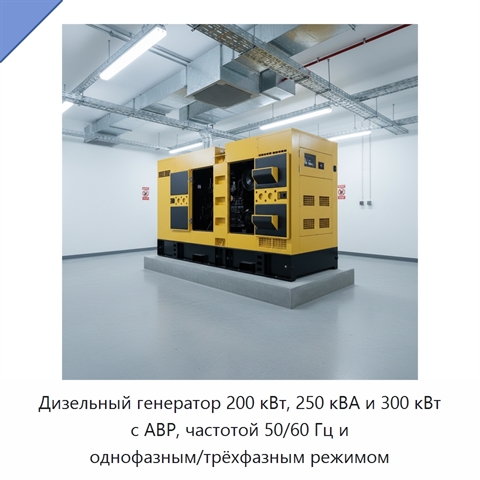 Дизельный генератор 200 кВт, 250 кВА и 300 кВт с АВР, частотой 50/60 Гц и однофазным/трёхфазным режимом
