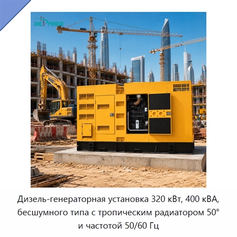 Дизель-генераторная установка 320 кВт, 400 кВА, бесшумного типа с тропическим радиатором 50° и частотой 50/60 Гц