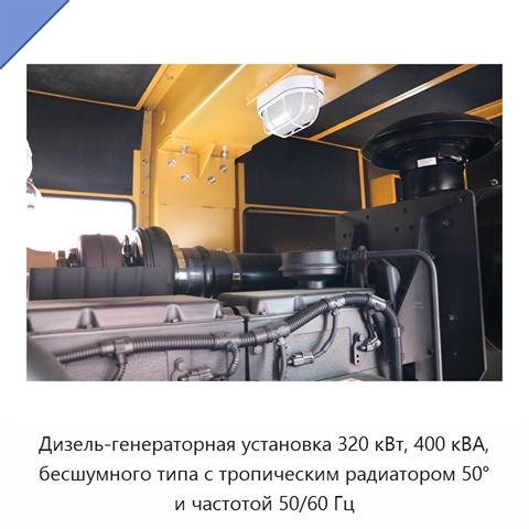 Дизель-генераторная установка 320 кВт, 400 кВА, бесшумного типа с тропическим радиатором 50° и частотой 50/60 Гц
