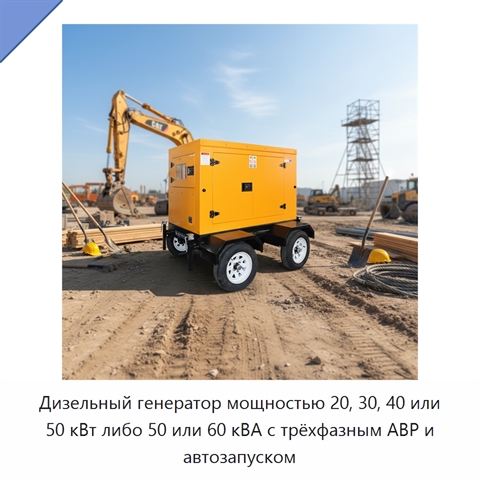 Дизельный генератор мощностью 20, 30, 40 или 50 кВт либо 50 или 60 кВА с трёхфазным АВР и автозапуском