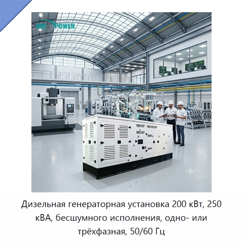 Дизельная генераторная установка 200 кВт, 250 кВА, бесшумного исполнения, одно- или трёхфазная, 50/60 Гц