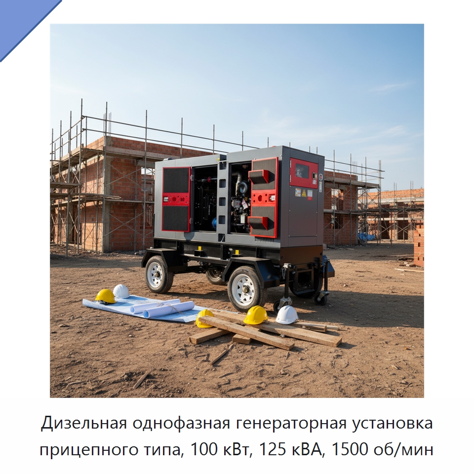 Дизельная однофазная генераторная установка прицепного типа, 100 кВт, 125 кВА, 1500 об/мин — Дизельные генераторы