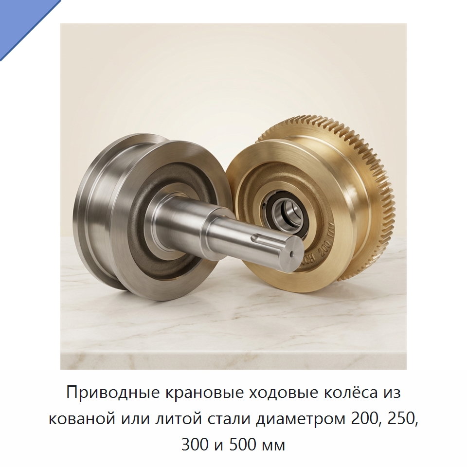 Приводные крановые ходовые колёса из кованой или литой стали диаметром 200, 250, 300 и 500 мм — Колесные опоры