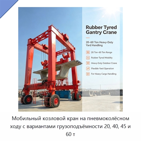 Мобильный козловой кран на пневмоколёсном ходу с вариантами грузоподъёмности 20, 40, 45 и 60 т