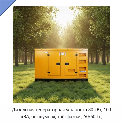 Дизельная генераторная установка 80 кВт, 100 кВА, бесшумная, трёхфазная, 50/60 Гц