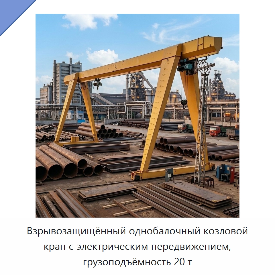Взрывозащищённый однобалочный козловой кран с электрическим передвижением, грузоподъёмность 20 т — Краны