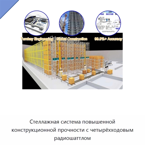 Стеллажная система повышенной конструкционной прочности с четырёхходовым радиошаттлом
