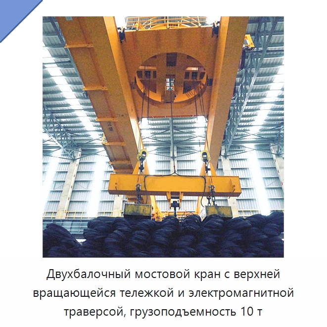 Двухбалочный мостовой кран с верхней вращающейся тележкой и электромагнитной траверсой, грузоподъемность 10 т — Краны
