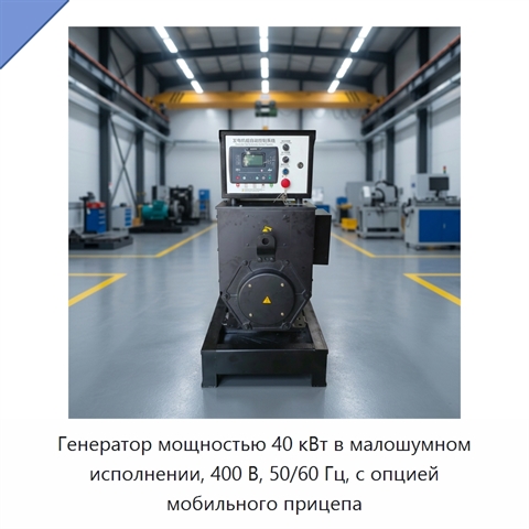 Генератор мощностью 40 кВт в малошумном исполнении, 400 В, 50/60 Гц, с опцией мобильного прицепа