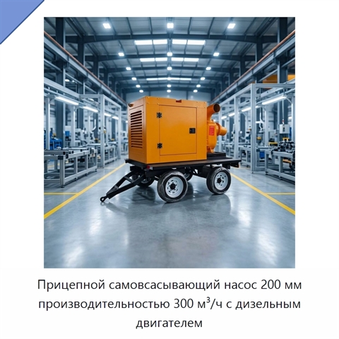 Прицепной самовсасывающий насос 200 мм производительностью 300 м³/ч с дизельным двигателем