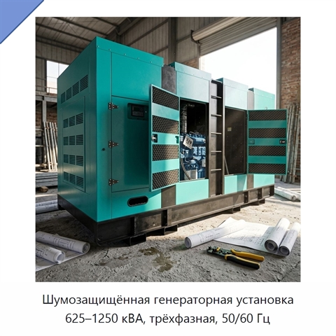 Шумозащищённая генераторная установка 625–1250 кВА, трёхфазная, 50/60 Гц