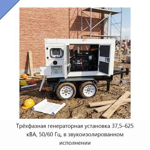 Трёхфазная генераторная установка 37,5–625 кВА, 50/60 Гц, в звукоизолированном исполнении