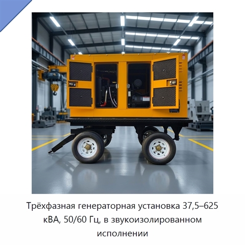 Трёхфазная генераторная установка 37,5–625 кВА, 50/60 Гц, в звукоизолированном исполнении