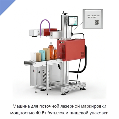 Машина для поточной лазерной маркировки мощностью 40 Вт бутылок и пищевой упаковки