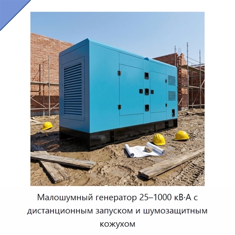 Малошумный генератор 25–1000 кВ·А с дистанционным запуском и шумозащитным кожухом