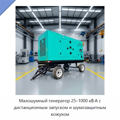 Малошумный генератор 25–1000 кВ·А с дистанционным запуском и шумозащитным кожухом