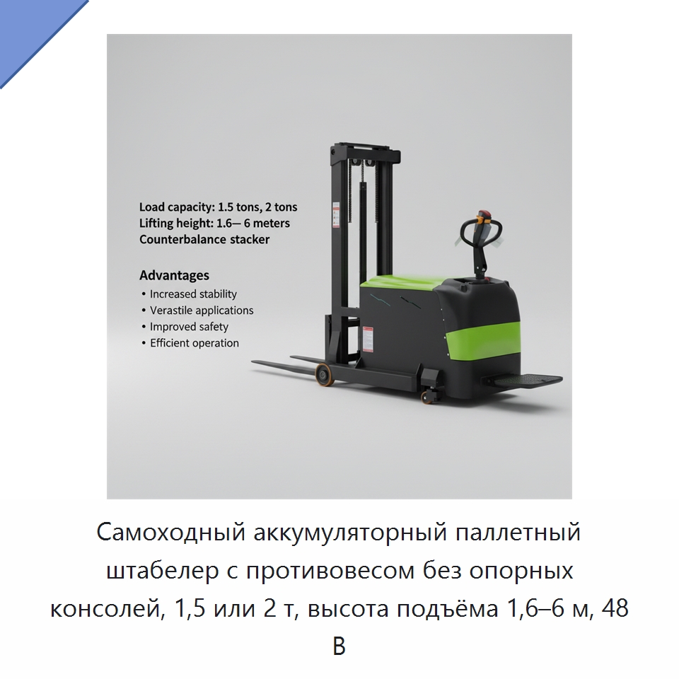 Самоходный аккумуляторный паллетный штабелер с противовесом без опорных консолей, 1,5 или 2 т, высота подъёма 1,6–6 м, 48 В — Электротали