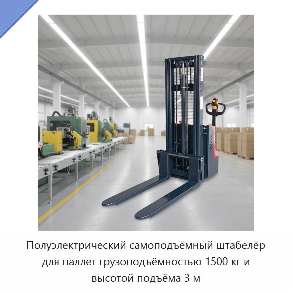 Полуэлектрический самоподъёмный штабелёр для паллет грузоподъёмностью 1500 кг и высотой подъёма 3 м — Вилочные погрузчики