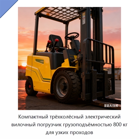 Компактный трёхколёсный электрический вилочный погрузчик грузоподъёмностью 800 кг для узких проходов