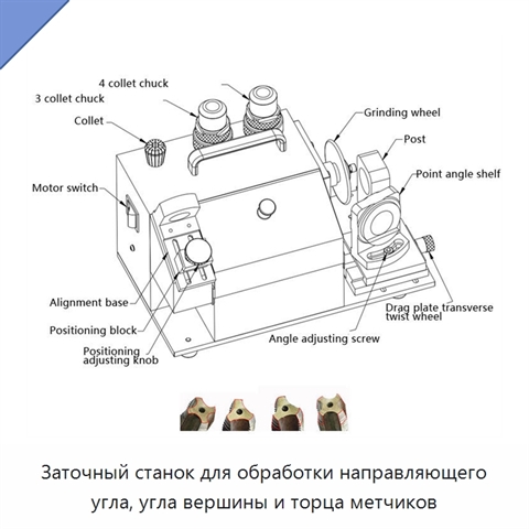 Заточный станок для обработки направляющего угла, угла вершины и торца метчиков