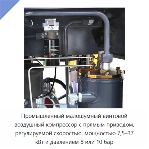 Промышленный малошумный винтовой воздушный компрессор с прямым приводом, регулируемой скоростью, мощностью 7,5–37 кВт и давлением 8 или 10 бар