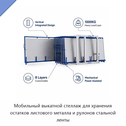 Мобильный выкатной стеллаж для хранения остатков листового металла и рулонов стальной ленты
