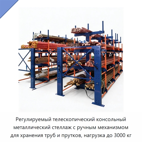Регулируемый телескопический консольный металлический стеллаж с ручным механизмом для хранения труб и прутков, нагрузка до 3000 кг