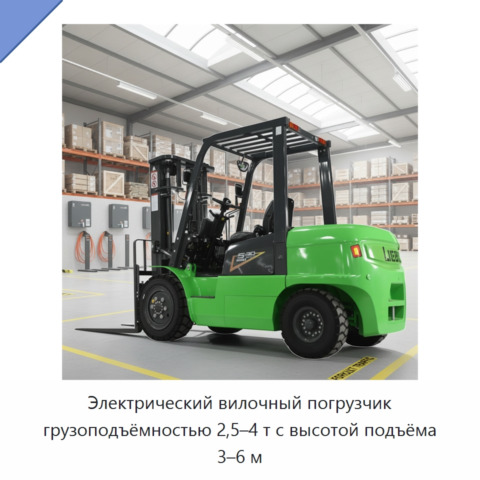 Электрический вилочный погрузчик грузоподъёмностью 2,5–4 т с высотой подъёма 3–6 м — Вилочные погрузчики