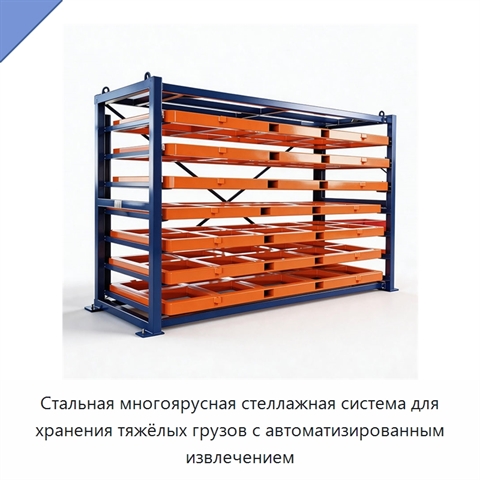 Стальная многоярусная стеллажная система для хранения тяжёлых грузов с автоматизированным извлечением