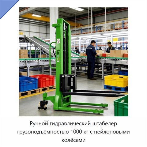 Ручной гидравлический штабелер грузоподъёмностью 1000 кг с нейлоновыми колёсами