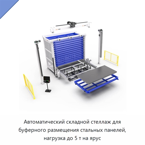 Автоматический складной стеллаж для буферного размещения стальных панелей, нагрузка до 5 т на ярус