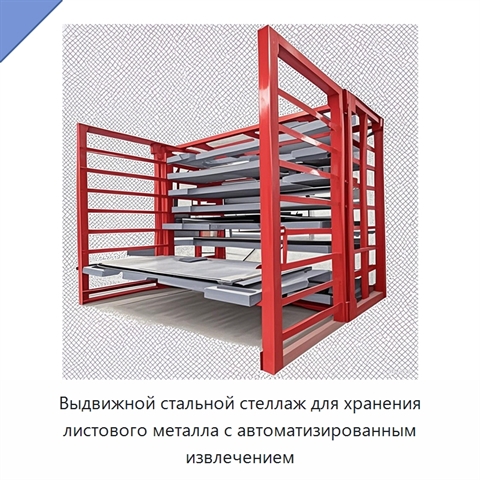 Выдвижной стальной стеллаж для хранения листового металла с автоматизированным извлечением