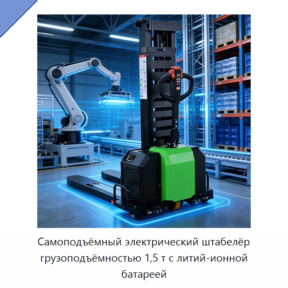 Самоподъёмный электрический штабелёр грузоподъёмностью 1,5 т с литий-ионной батареей — Вилочные погрузчики