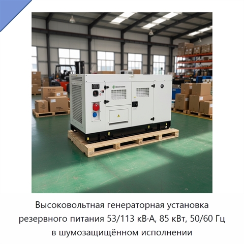 Высоковольтная генераторная установка резервного питания 53/113 кВ·А, 85 кВт, 50/60 Гц в шумозащищённом исполнении