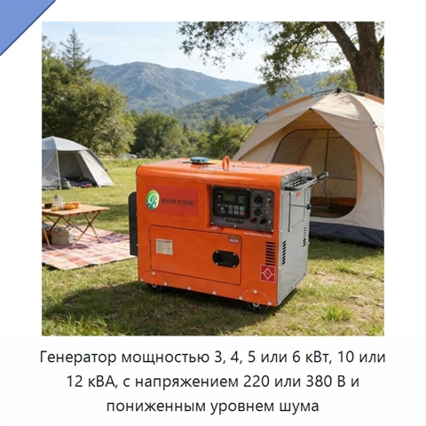 Генератор мощностью 3, 4, 5 или 6 кВт, 10 или 12 кВА, с напряжением 220 или 380 В и пониженным уровнем шума