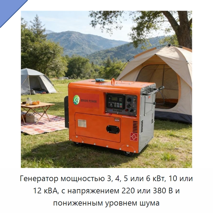 Генератор мощностью 3, 4, 5 или 6 кВт, 10 или 12 кВА, с напряжением 220 или 380 В и пониженным уровнем шума — Дизельные генераторы