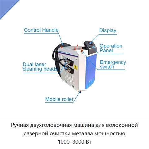 Ручная двухголовочная машина для волоконной лазерной очистки металла мощностью 1000–3000 Вт